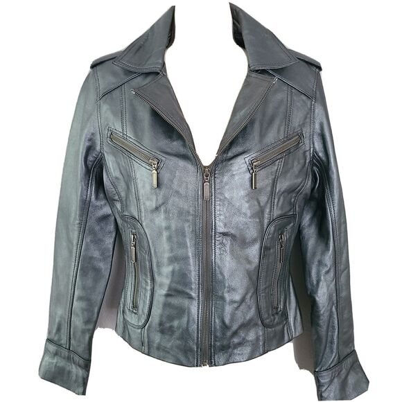 Aviatrix Women 100%  Leather Jacket Biker Rock Fitted silver gunmetal zipper M - Picture 1 of 11